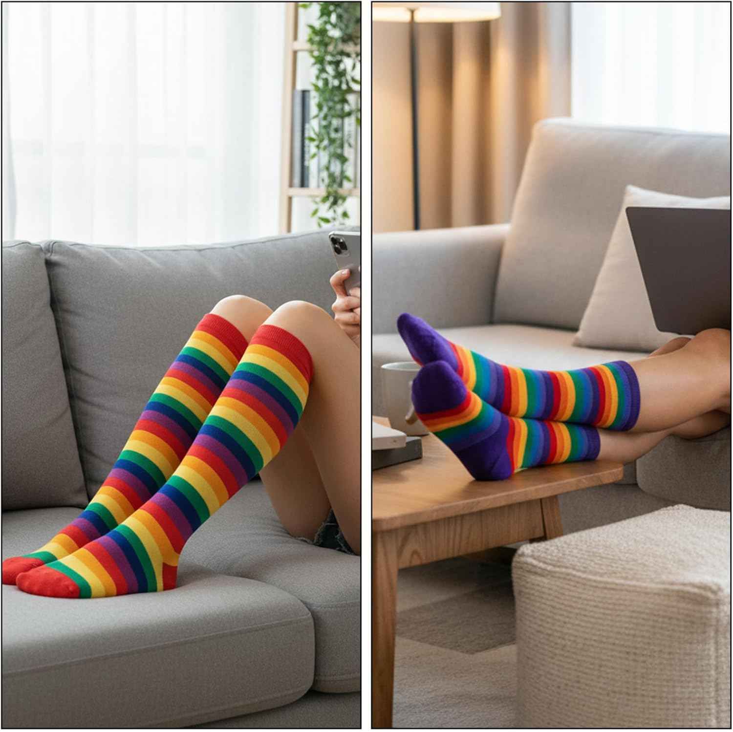 4 Pairs Striped Knee Socks Girls, Rainbow Knee Socks Children, Rainbow Socks, Colourful Thigh High Socks Leg Stocking 2-12 Years Size 23-38