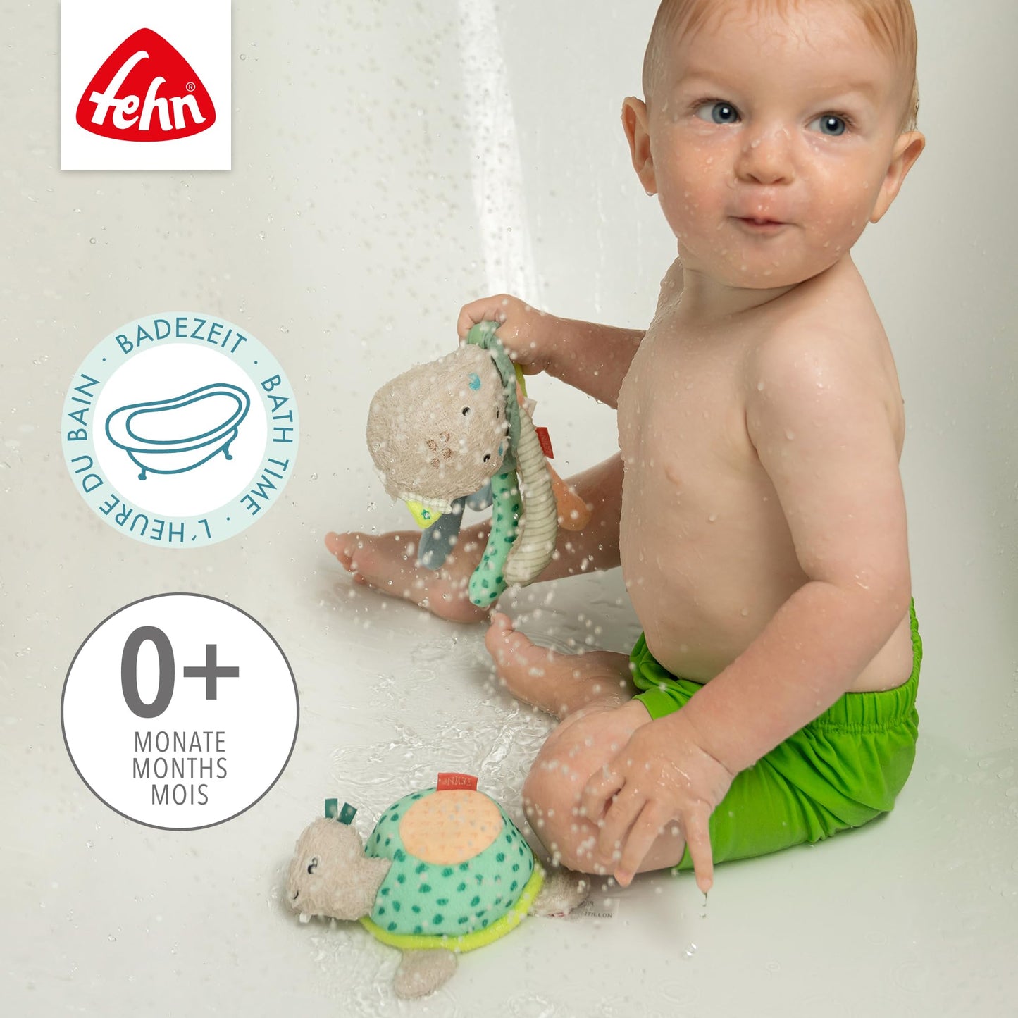 Fehn Badetier Schildkröte Badeschwamm – Kuscheltier Baby Badespielzeug für die Badewanne - Stoff Wasserspielzeug für den Badespaß – Badewannenspielzeug für Babys und Kleinkinder ab 0+ Monaten