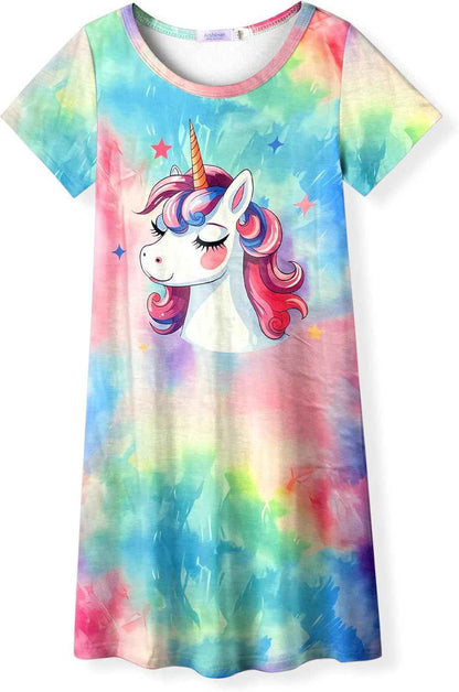Arshiner Nightdress Girls Short Sleeve Pyjamas Children's Sleep Dress Cat Unicorn Crew Neck Night Dress 4-12 Years