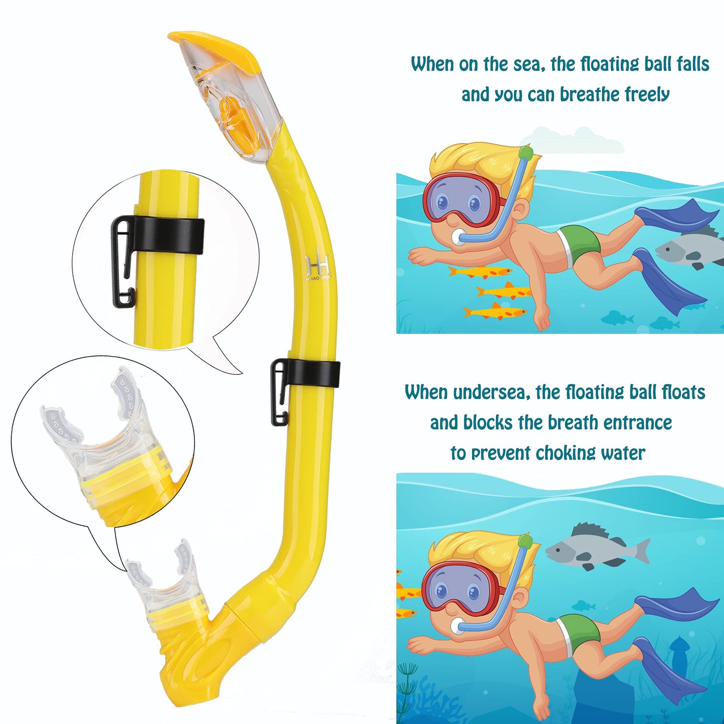 HH HHAO SPORT Children's snorkel set with fins, 180° panorama wide view diving goggles children, adjustable flippers, high-quality diving mask and dry top snorkel