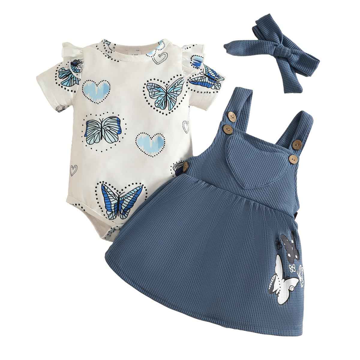 Neugeborenes Baby Mädchen Röcke Sets Kurzarm Rüschen Top + Bedrucktes Overalls Hosenträger Kleid + Stirnband Sommer Kleidung Outfits Set