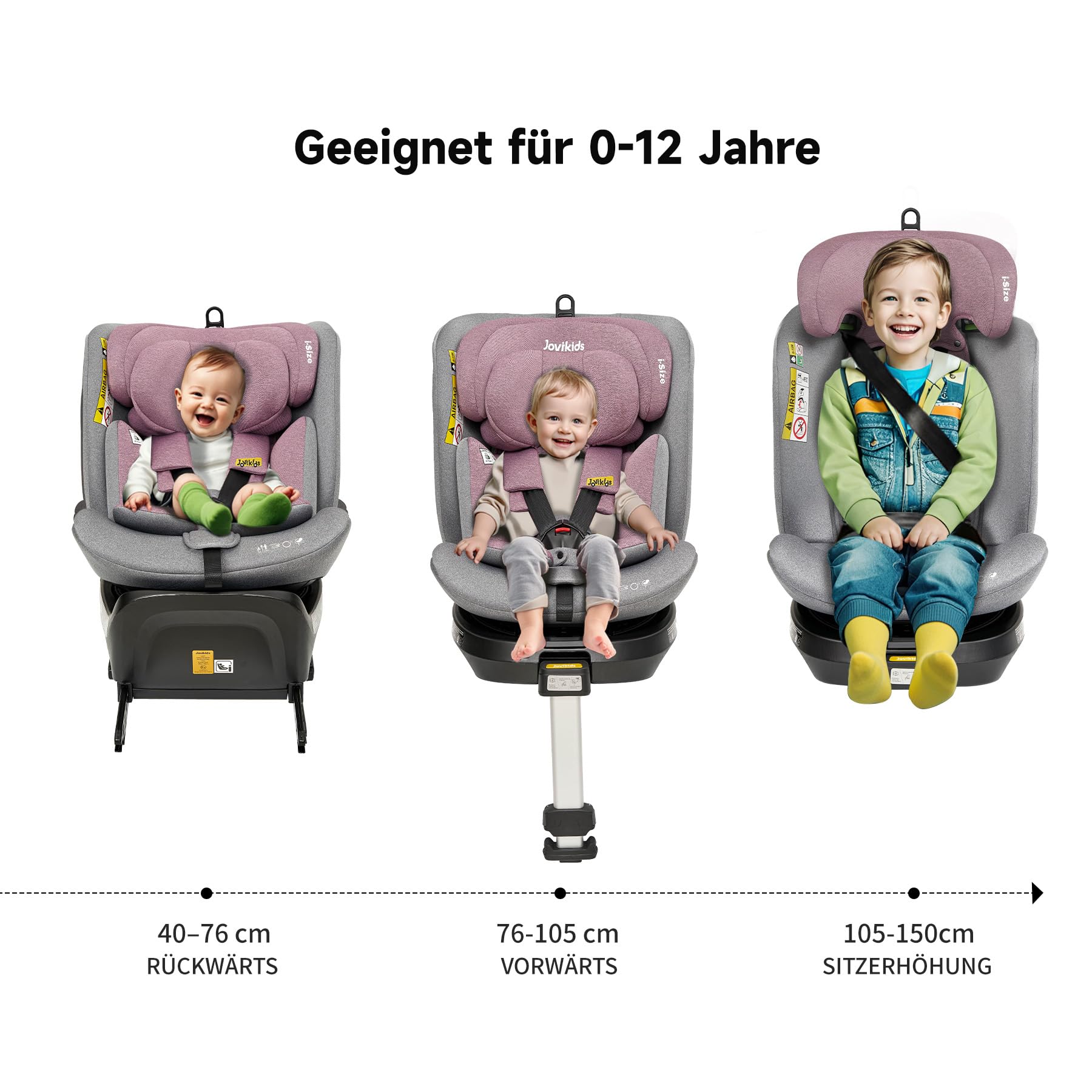 Jovikids 360° Drehbar Kindersitz mit ISOFIX, i-Size 40-150cm(ab Geburt -12 Jahre) Baby Autositz Reboarder mit Liegefunktion & Abnehmbar Vordach, ECE R129 (Rosa) - Meloni2