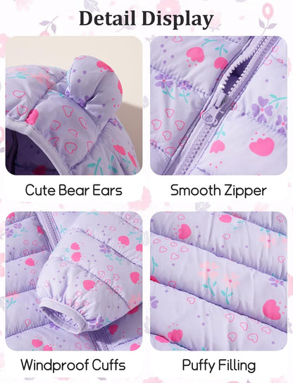 Happy Cherry Winter Jacket Baby Boys Girls Winter Coat with Hood Quilted Jacket Warm Lightweight Down Jacket Winter Cute Printed Outerwear 