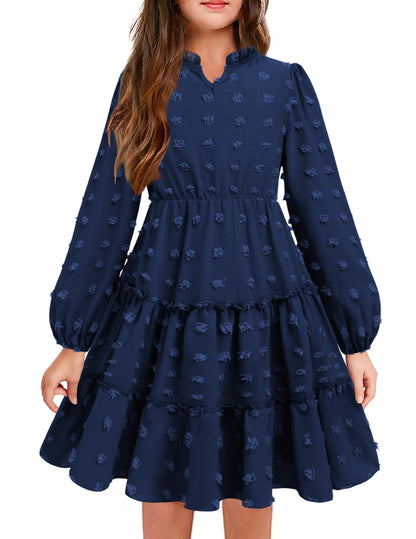Arshiner Dress Girls Festive Flounce V-Neck Long Sleeve Dress Swiss Dot Chiffon Dress Children Tiered Dress A-Line Party Dress Wedding Princess Dress Swing Skater Dress 5-12 Years 