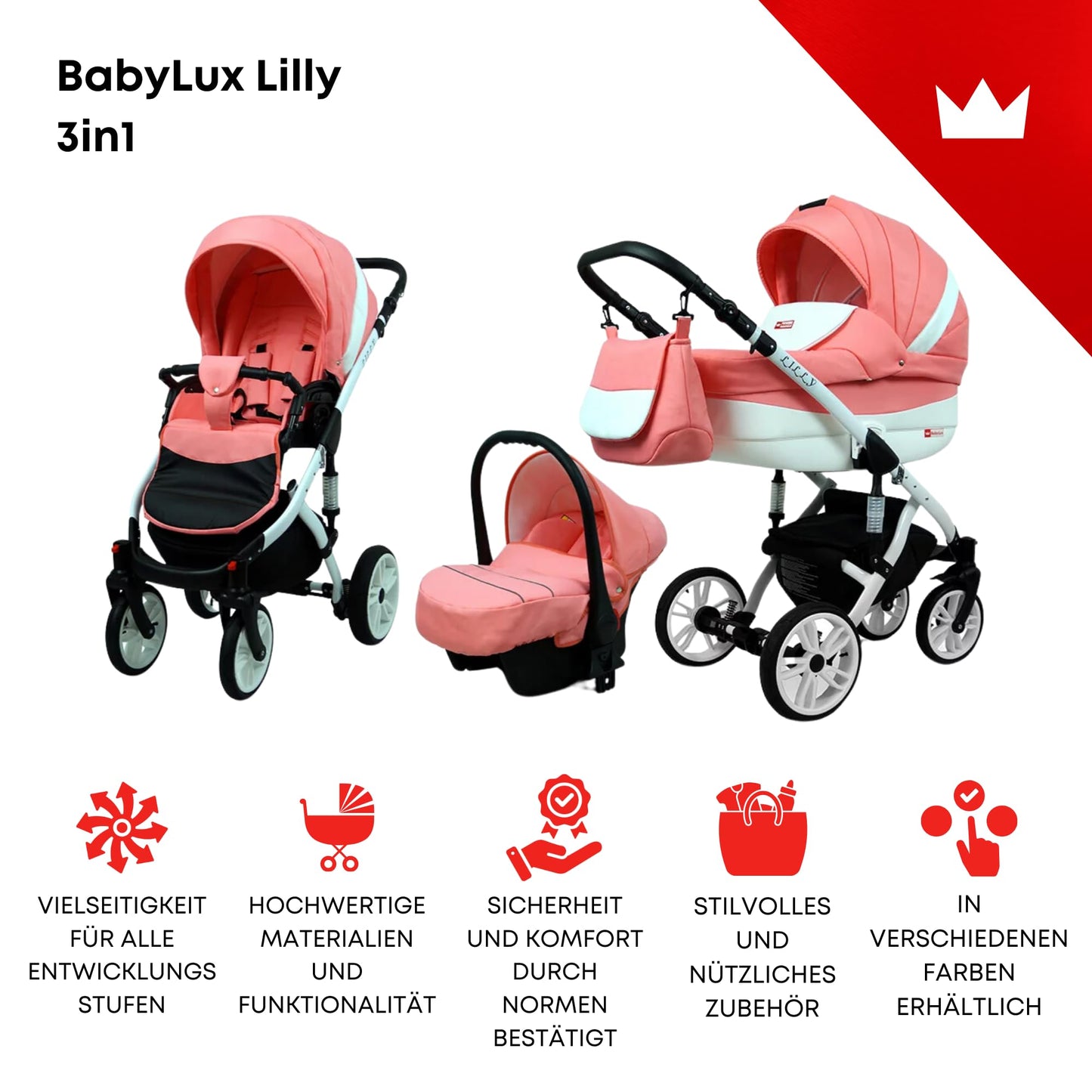 BabyLux® Bambimo Kinderwagen Set 3 in 1 - Lilly - incl. Babywanne, Buggy Sportsitz, Auto-Babyschale - Autositz - Kinderwagenset - Kombikinderwagen mit Wickeltasche, Regenschutz usw.