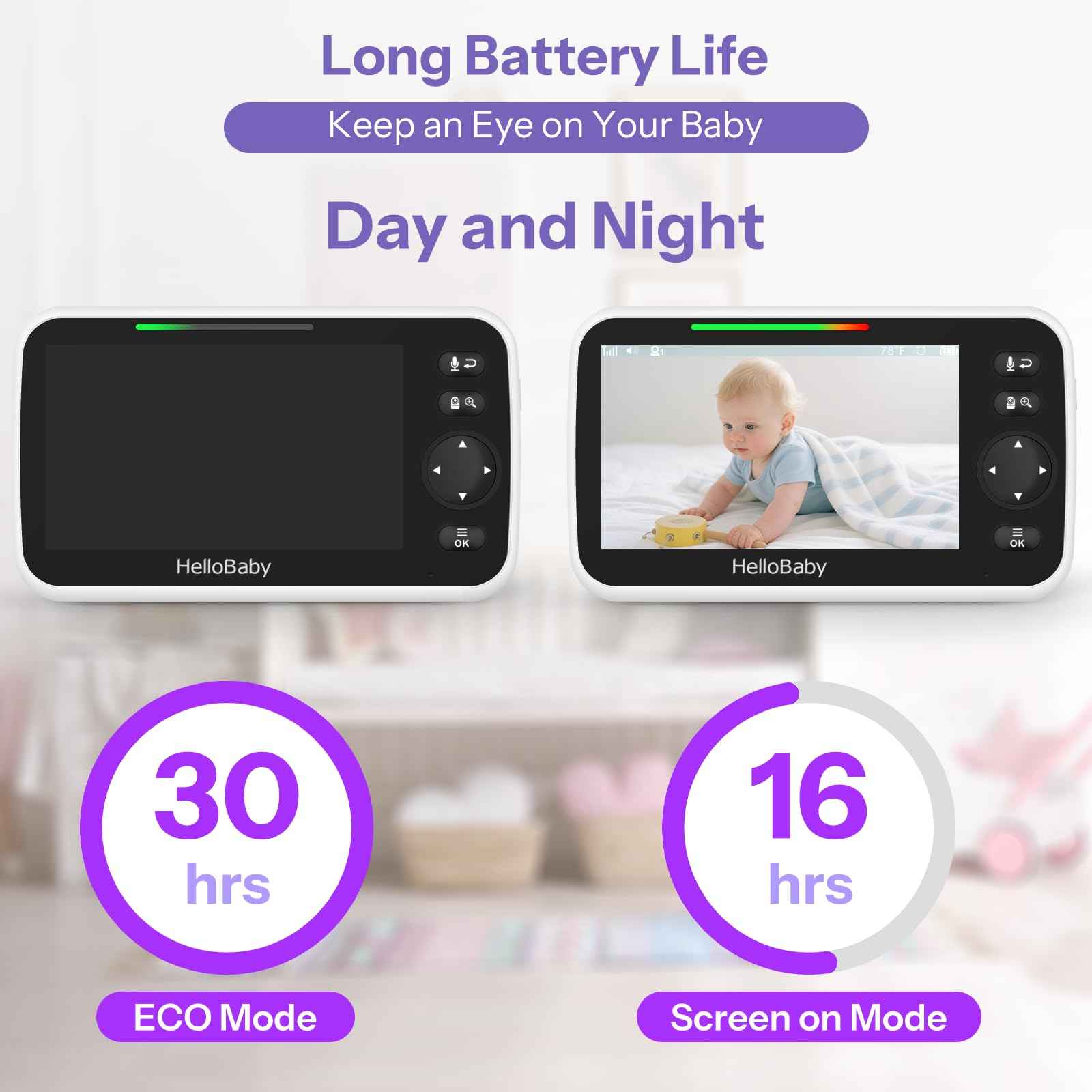 HelloBaby Baby Monitor with Camera, 29 Hours Battery Life, 355°/120° Baby Monitor with Remote Controlled Pan-Tilt Camera, 2x Zoom, Infrared Night Vision Camera, Eco Mode, Up to 305 m, 2-Way Audio