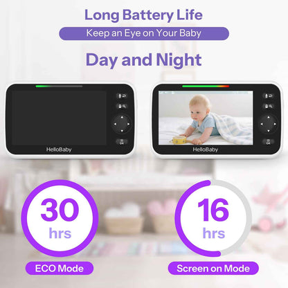 HelloBaby Baby Monitor with Camera, 29 Hours Battery Life, 355°/120° Baby Monitor with Remote Controlled Pan-Tilt Camera, 2x Zoom, Infrared Night Vision Camera, Eco Mode, Up to 305 m, 2-Way Audio
