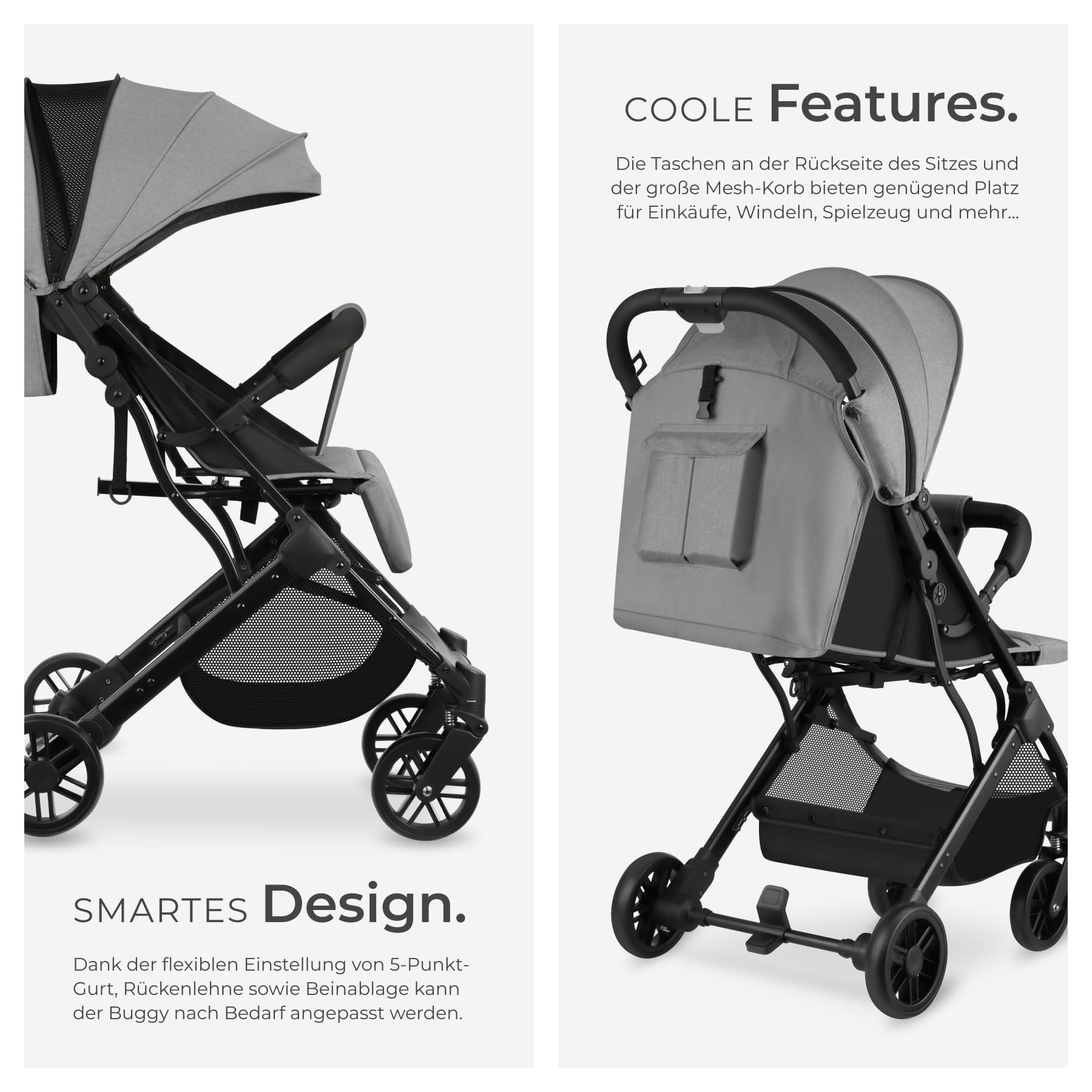tectake® Buggy Kinderwagen von 0 bis 3 Jahre, Wagen für Baby Erstausstattung Neugeborene und Kinderbuggy, einhändig faltbarer Reisebuggy, Reisekinderwagen, Baby Wagen mit Verdeck - grau/beige - Meloni2