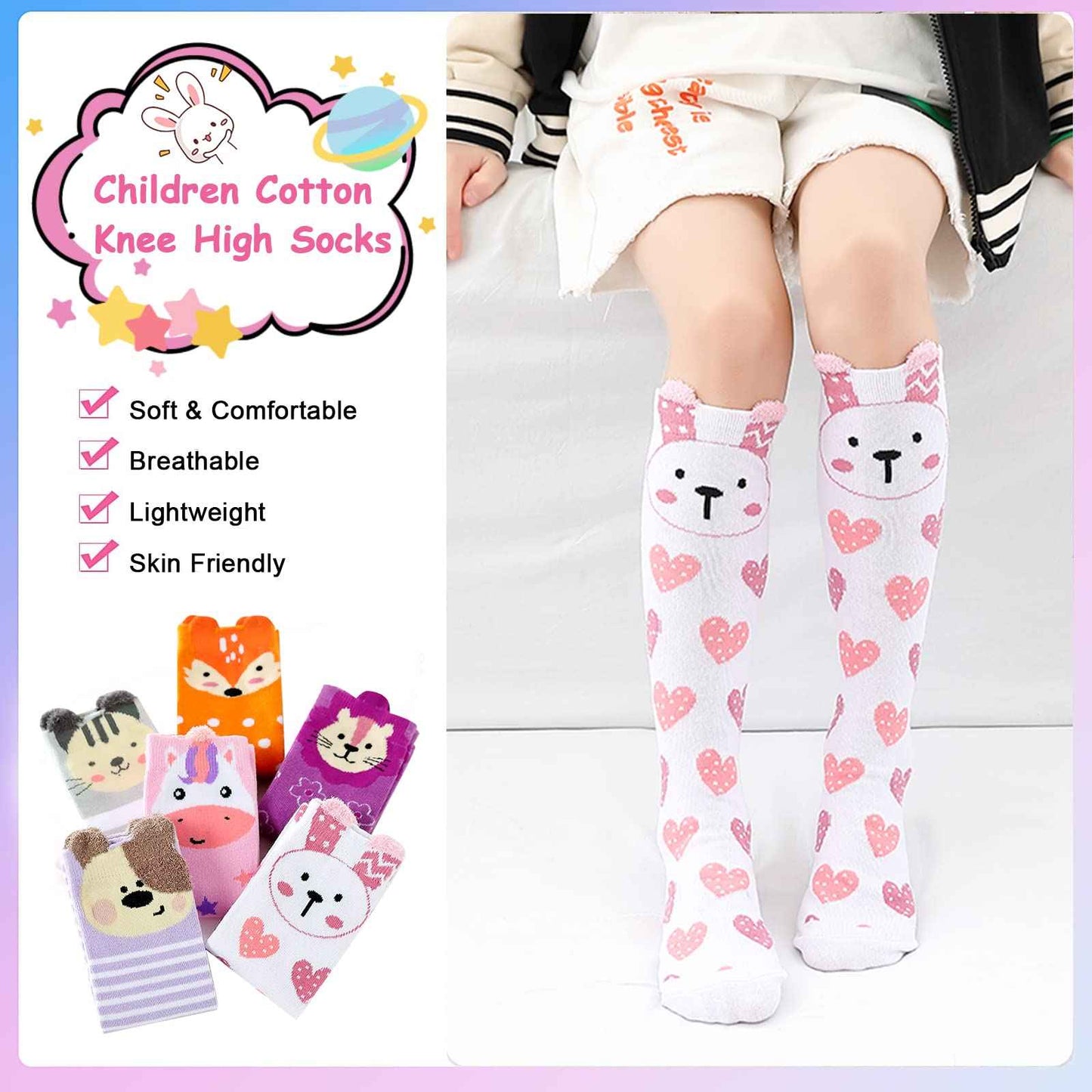 PHOGARY 6 Pairs of Knee Socks for Girls, Cute Socks Colourful Socks Children, Warm Knee Socks Children, Medium Calf Length, Long Knee Socks Girls from 3 to 12 Years, One Size
