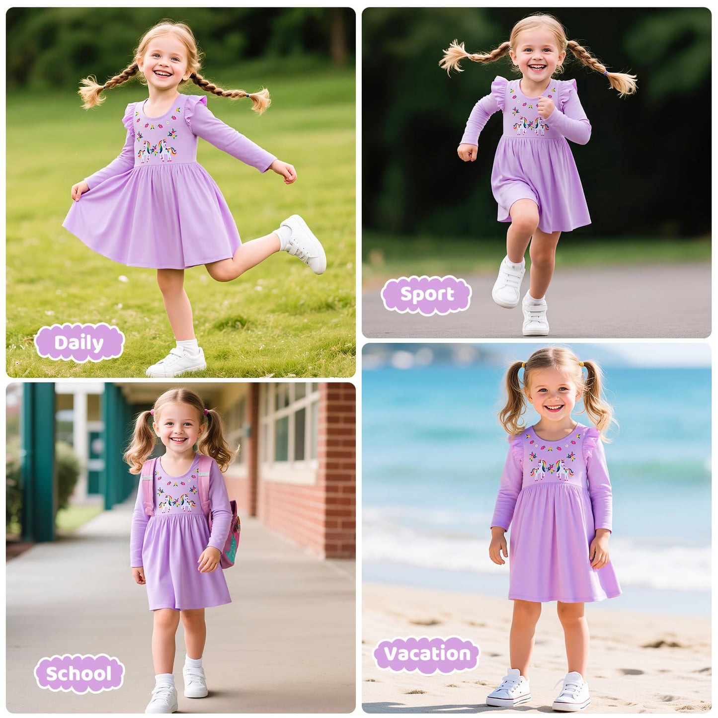 Mädchen Kleid Baumwolle Rundhals Rüschen Ärmellos Lässige Einhorn Cartoon-Applikationen Blau/Weiße Gestreift Kleidung Kinder Sommer Party Festliches Prinzessin A-Linie Kleider Gr. 98-128