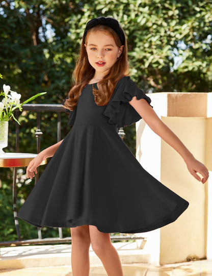 Arshiner Kleider für Mädchen Schmetterlingsärmel Kleid Kinder A-Line Swing Kleid Rundhals Sommerkleid Baumwollekleid Festlich Partykleid Hochzeit Lässige Kinderkleidung mit Tasche
