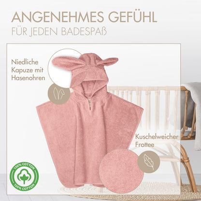 MOYO Baby Badeponcho Mit Hasenohren in Rosé I Kinder Badetuch Für 0-3 Jahre I Weicher Poncho Aus 100% Frottee-Baumwolle I Waschbares Kapuzenhandtuch I 68x56cm