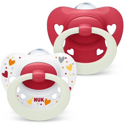 NUK Signature Baby Pacifier | 0-6 Months | Soothes 95% of Babies | BPA Free Silicone Heart-Shaped Pacifier | With Case | Green Stars | Pack of 2