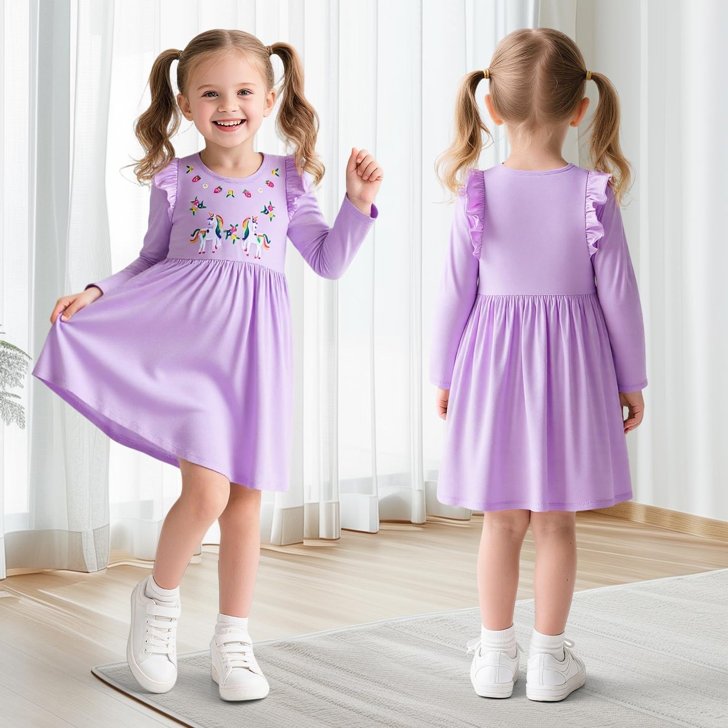 Mädchen Kleid Baumwolle Rundhals Rüschen Ärmellos Lässige Einhorn Cartoon-Applikationen Blau/Weiße Gestreift Kleidung Kinder Sommer Party Festliches Prinzessin A-Linie Kleider Gr. 98-128