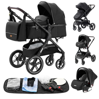 YAZOCO Kompakter 3 in 1Kinderwagen Anstout Terrain Luxus Hohe Landschaft Vierfacher Kinderwagen 0-36kg Faltbarer Gehstock Baby Kinderwagen Komfort Autositz Zubehör (Schwarz)