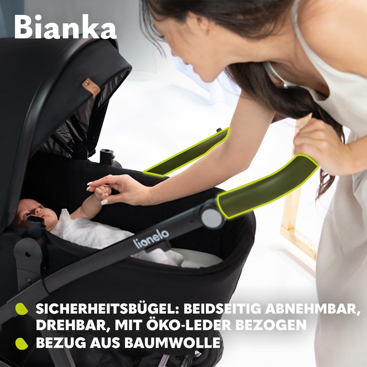 LIONELO BIANKA Children's Pushchair 3-in-1 (22 kg) Baby Carrycot (9 kg) Baby Seat (13 kg), Foldable, Travel System, Backrest Adjustment, Wheels 360o Shock Absorber, Hood XXL