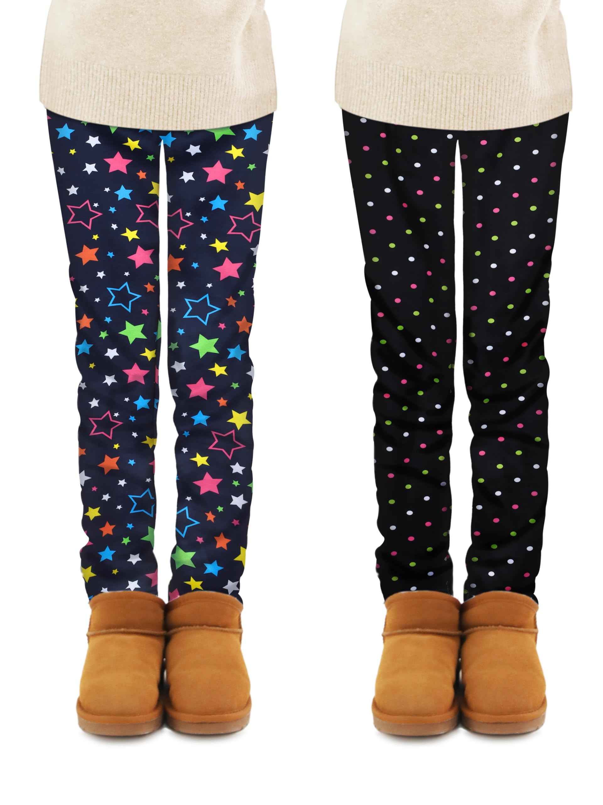Ruisita 2 Pack Girls Winter Leggings Warm Thick Fleece Lined Leggings for Kids Ankle Length Printed Stretch Pants