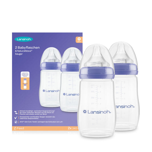 Lansinoh Baby Bottles with NaturalWave Teat Size M, 240 ml - Twin Pack - Compact Design for Improved Stability - with Stackable Lid