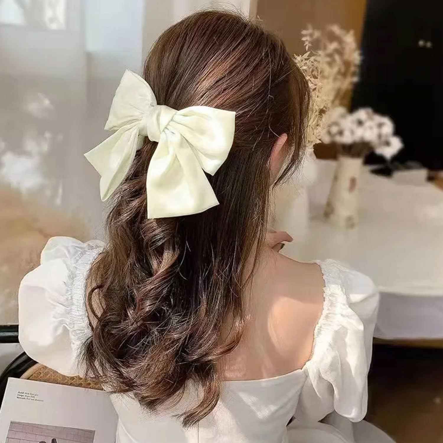 Bow Hair Clip, Pack of 2 Women Hair Bows Large Bow Hair Clip French Hair Clips Girls Hair Clips (Black + White)