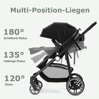 DREAMADE Kinderwagen klappbar, 3 in 1 Buggy mit umkehrbarem Sitz, Verdeck, Aufbewahrungskorb, Becherhalter & 5-Punkt-Sicherheitsgurt, Reisebuggy für Baby 0-6 Monate (Schwarz)