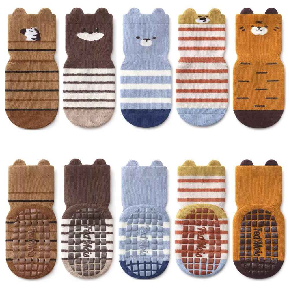 Pack of 5 Baby Toddler ABS Non-Slip Socks, Trainer Socks, Animal Motifs, Cotton