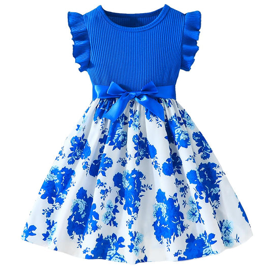 Codkkre Girls Dress Flowers Bowknot Kids Dresses Ruffle Sleeves A-Line Girls Dress Summer Easter Girls Dress Round Neck 104 110 116 122 128 