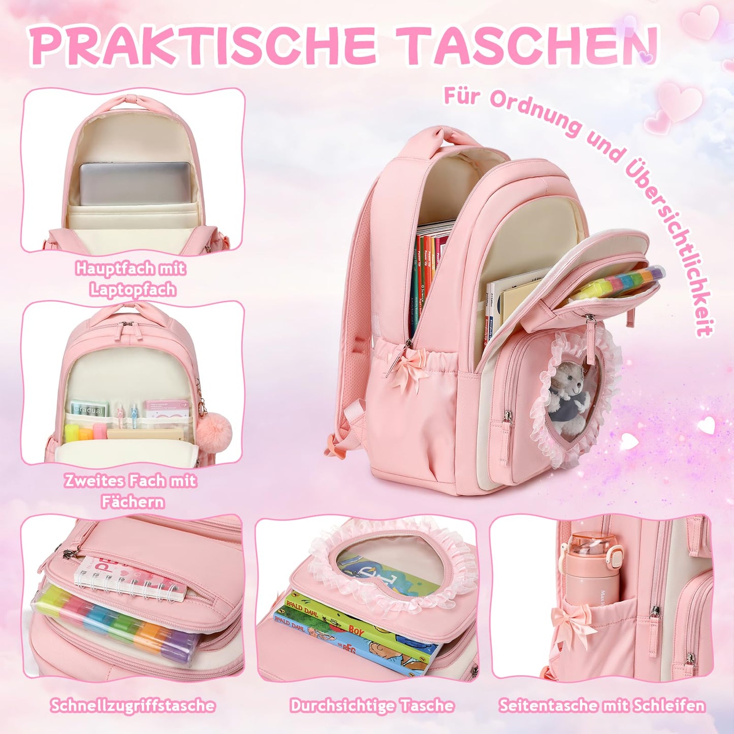 Schulrucksack Mädchen Herzdesign 22L mit Gepäckgurt für Schule | Spitze & Schleifendetails, Ergonomische 3D-Rückenpolsterung, wasserabweisendes Polyester, zahlreiche getrennte Fächer