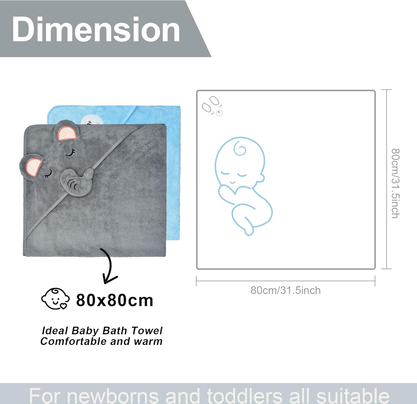 FZSECRIU Pack of 2 80 x 80 cm Hooded Towel Baby, Baby Towel with Hood, Baby Bath Towel, Children's Towel with Hood, Baby Towel Hood, Wash Cloth Baby, Baby Wash Cloth, Baby Gift Boy, Baby Things