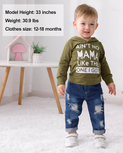SOLOYEE Baby Boys Outfits Clothing Sets Toddler Clothing Boy 1-5 Years Letter Pattern Long Sleeves with Hood Sweatshirt and Baby Jeans Boy 2-Piece Set