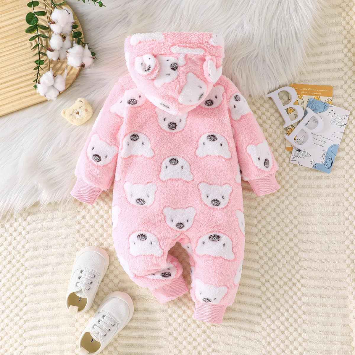 Yanmucy Newborn Baby Winter Romper with Hood Cartoon Bear Baby Snowsuit Warm Fleece Zip Baby Girl Boy Jumpsuit 0-18 Months