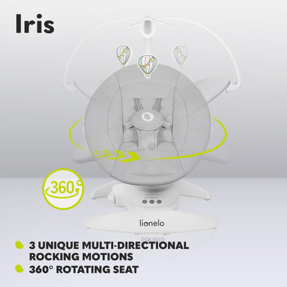 LIONELO Iris Electric Baby Rocker 360° Rotatable for Babies up to 9 kg Adjustable Backrest, 5 Weighing Speeds, Non-Slip Safety Belt, 12 Melodies Hanger with Toy Remote Control