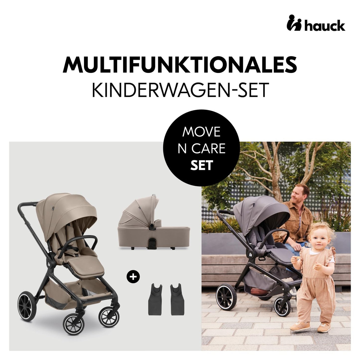hauck 2 in 1 Kinderwagen Set ab Geburt bis 22 kg Move N Care Set, Große Babywanne, Wendbarer Buggysitz mit Liegefunktion, Teleskopgriff Gummiräder Federung, UV-Schutz 50+, Faltbar, XL Korb (Dark Grey)