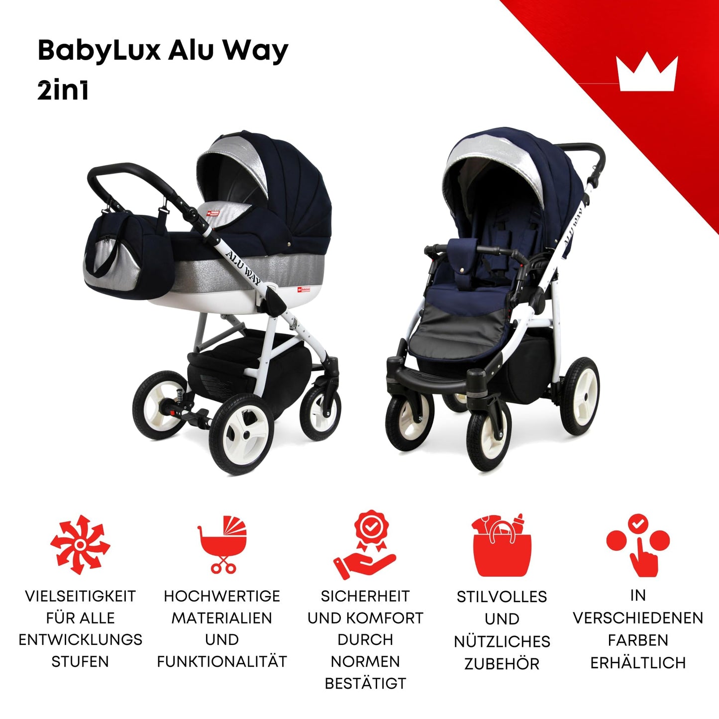 BabyLux® Kinderwagen Set 4 in 1 - Alu Way - incl. Babywanne, Buggy Sportsitz, Auto-Babyschale, ISOFIX-Basisstation - Autositz - Kinderwagenset - Kombikinderwagen mit Wickeltasche usw.