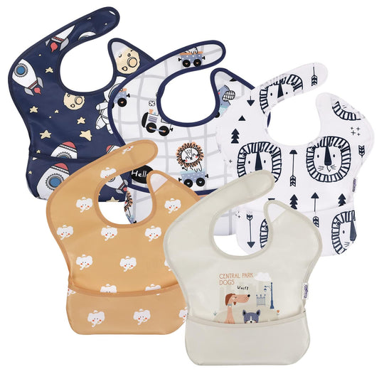 Soarwg Kids Baby Bib Set 5 pcs. Toddler Feeding Bibs with Catch Tray, Velcro Fastener Super Light Waterproof Washable Dirt-resistant 