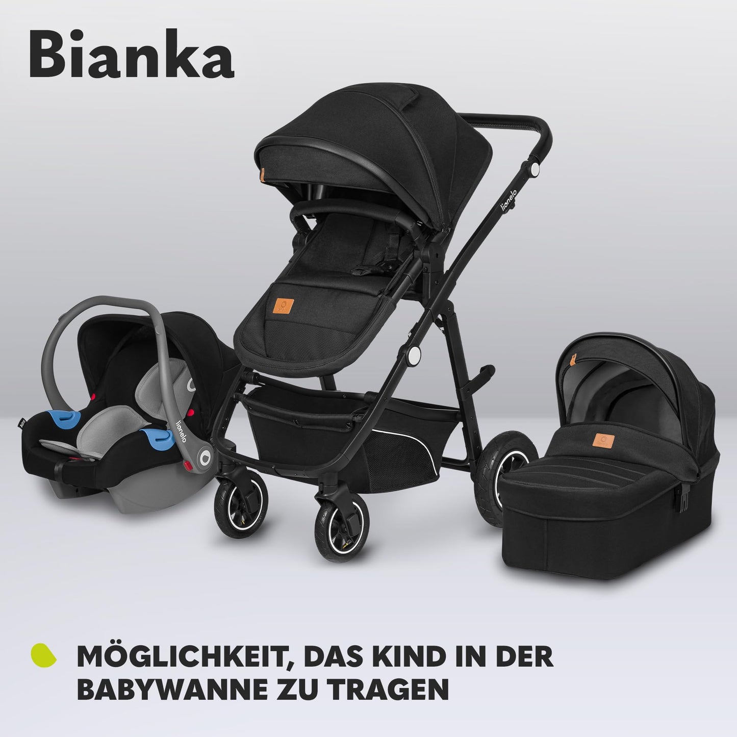 LIONELO BIANKA Children's Pushchair 3-in-1 (22 kg) Baby Carrycot (9 kg) Baby Seat (13 kg), Foldable, Travel System, Backrest Adjustment, Wheels 360o Shock Absorber, Hood XXL