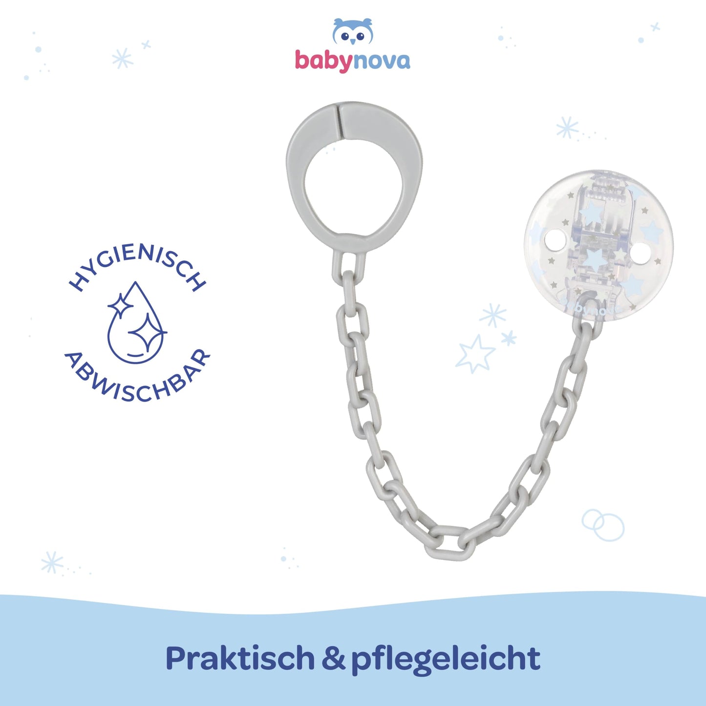 babynova Schnullerkette mit Clip - Schnullerhalter kompatibel mit Schnullern mit Ring - Kinderwagen Zubehör - BPA-frei - Rosa Herzen
