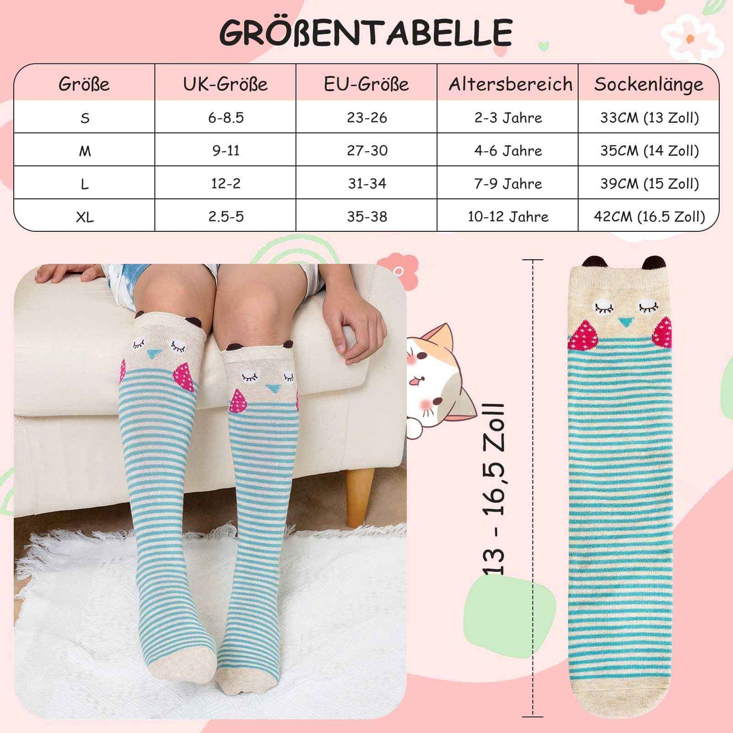 LOFIR Girls' Knee Socks Children's Socks: Overknee Stockings Long Striped Children's Socks Animal Cotton Socks Colourful Striped Socks Funny Without Seam Knee Socks Gift 2-12 Years 23-38 5 Pairs