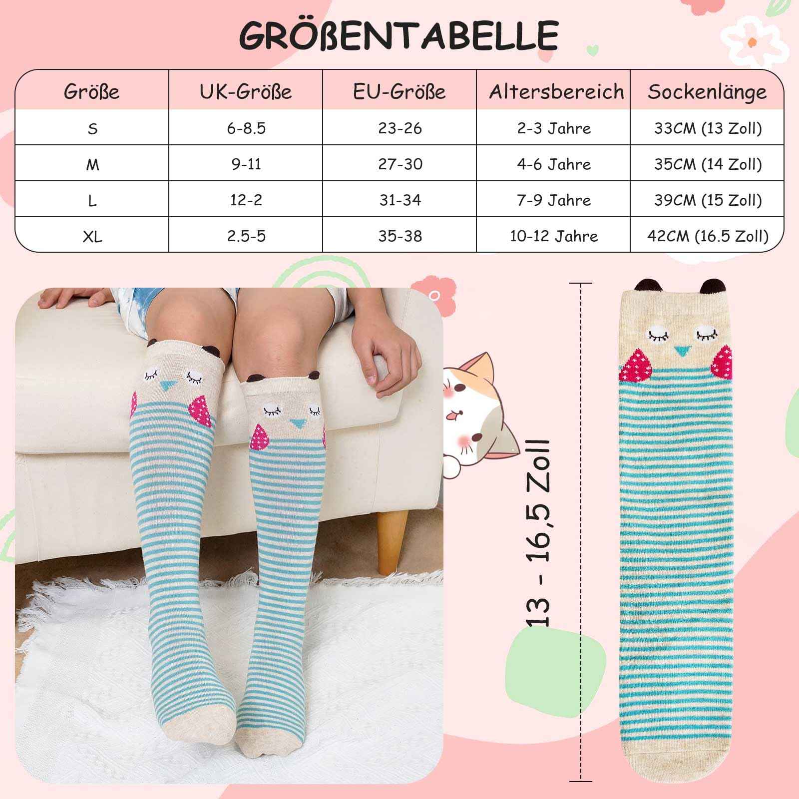 LOFIR Girls' Knee Socks Children's Socks: Overknee Stockings Long Striped Children's Socks Animal Cotton Socks Colourful Striped Socks Funny Without Seam Knee Socks Gift 2-12 Years 23-38 5 Pairs