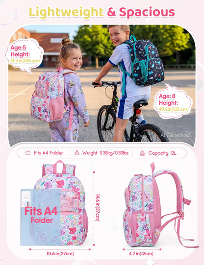 Kinderrucksack für Mädchen 5–8 Jahre, 12L Leichter & Wasserabweisender mit Brustgurt, Perfekt für Vorschule & Grundschule，Regenbogen