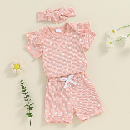 3-teiliges Baby-Mädchen-Sommer-Kleidungsset Rüschen-Kurzarm-Strampler + Rüschen-Shorts + Stirnband Baby-Set Weiches Neugeborenes Ausgehen Outfit