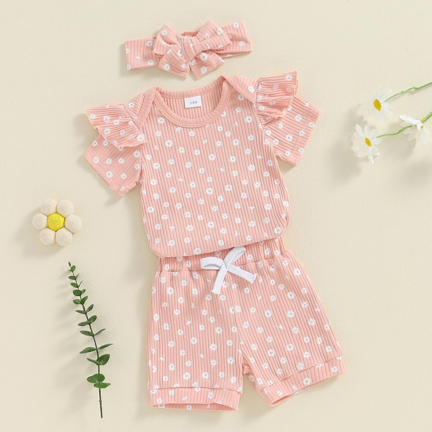 3tlg Baby Mädchen Sommer Kleidung Set Rüschen Kurzarm Strampler + Rüschen Shorts + Stirnband Babyset Weiche Neugeborene Ausgehen Outfit