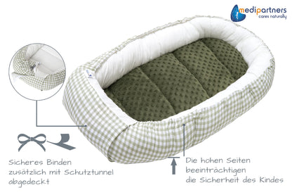 Medi Partners Babynestchen Babynest Set 100x60x15 Kuschelnest 5 teilig herausnehmbarer Einsatz Kokon Nestchen Babys Neugeborene 100% Baumwolle (REH mit Grauem Minky)