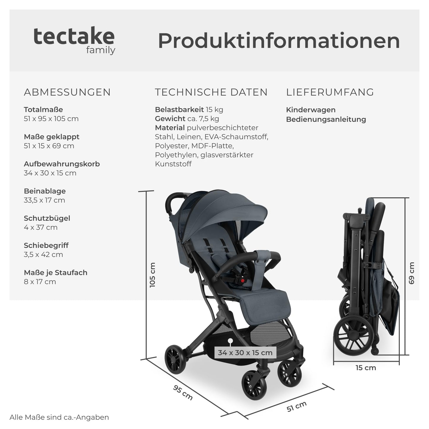 tectake® Buggy Kinderwagen von 0 bis 3 Jahre, Wagen für Baby Erstausstattung Neugeborene und Kinderbuggy, einhändig faltbarer Reisebuggy, Reisekinderwagen, Baby Wagen mit Verdeck - grau/beige - Meloni2