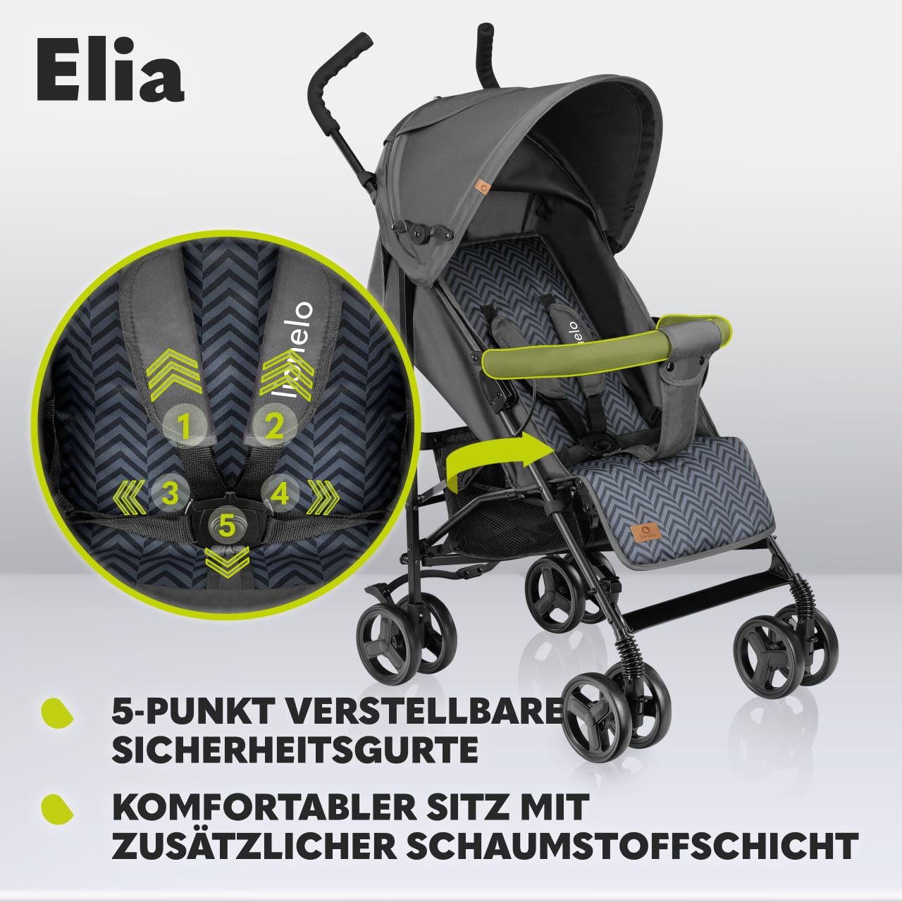 LIONELO Elia Buggy Small Foldable Pushchair up to 15 kg, Back and Footrest Adjustment, Rear Wheel Brake, Mosquito Net, Shopping Basket - Meloni2