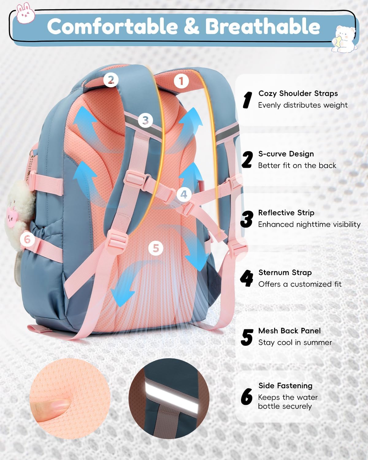 Tanou Schultasche Mädchen, Wasserabweisender Nylon Kinder Schulranzen, 20L | Leichter Schulrucksack für Mädchen der 2. bis 5. Klasse, Rucksack Schule mit Anhänger, Blau