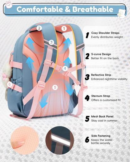 Tanou Schultasche Mädchen, Wasserabweisender Nylon Kinder Schulranzen, 20L | Leichter Schulrucksack für Mädchen der 2. bis 5. Klasse, Rucksack Schule mit Anhänger, Blau