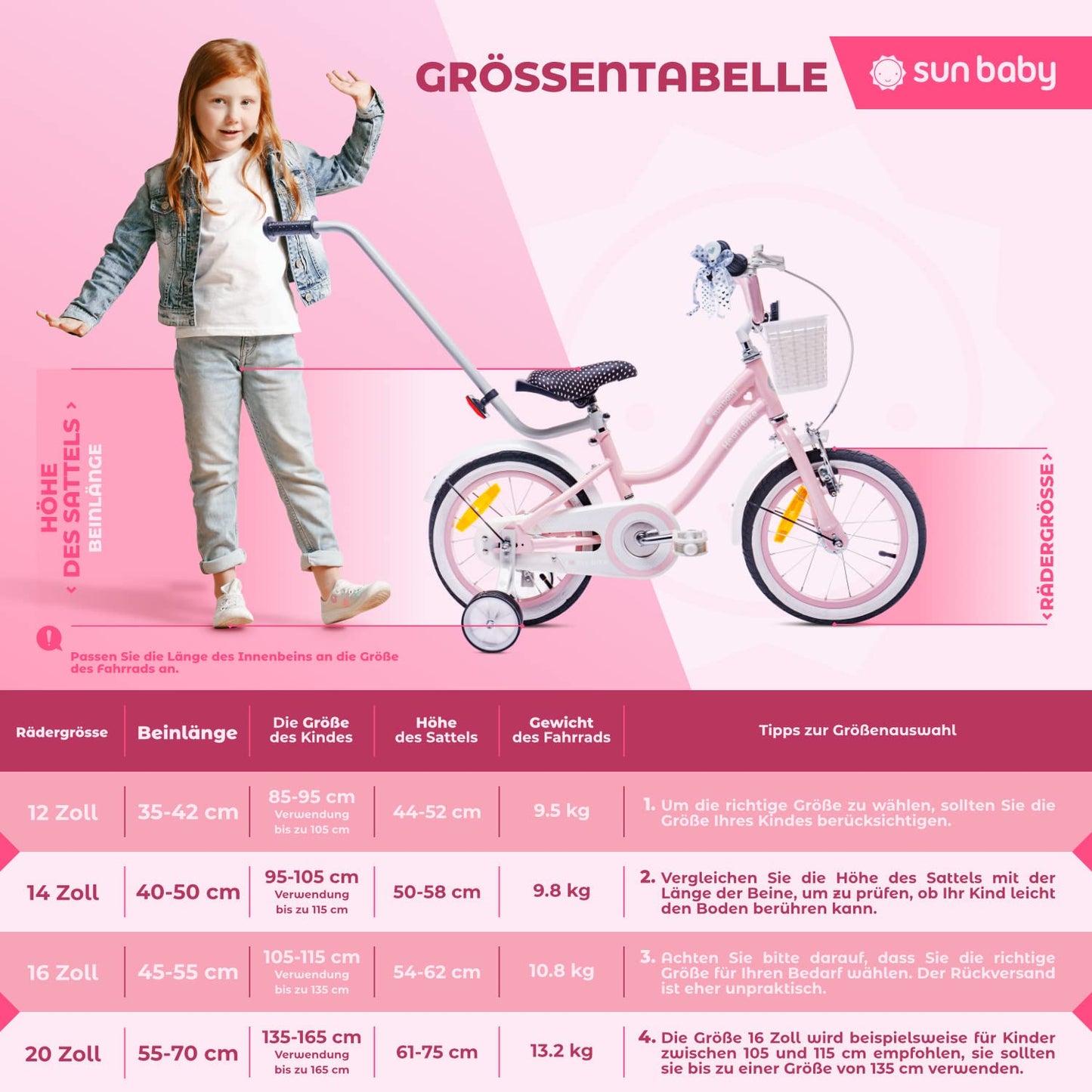 sun baby Mädchenfahrrad 12, 14 und 16 Zoll Radgröße Heart Bike zur Auswahl, mit Abnehmbarer Schubstange, Kinderfahrrad für Mädchen von 2 bis 6 Jahre
