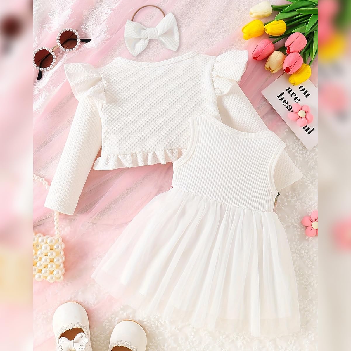 Baby Mädchen Kleid Strickjacke Sets 3 Stück Neugeborene Kleidung Jäckchen + Kleid + Stirnband Frühling Sommer Herbst Winter Langarm Jacke Ärmelloses Kleid für Hochzeit Weihnachten