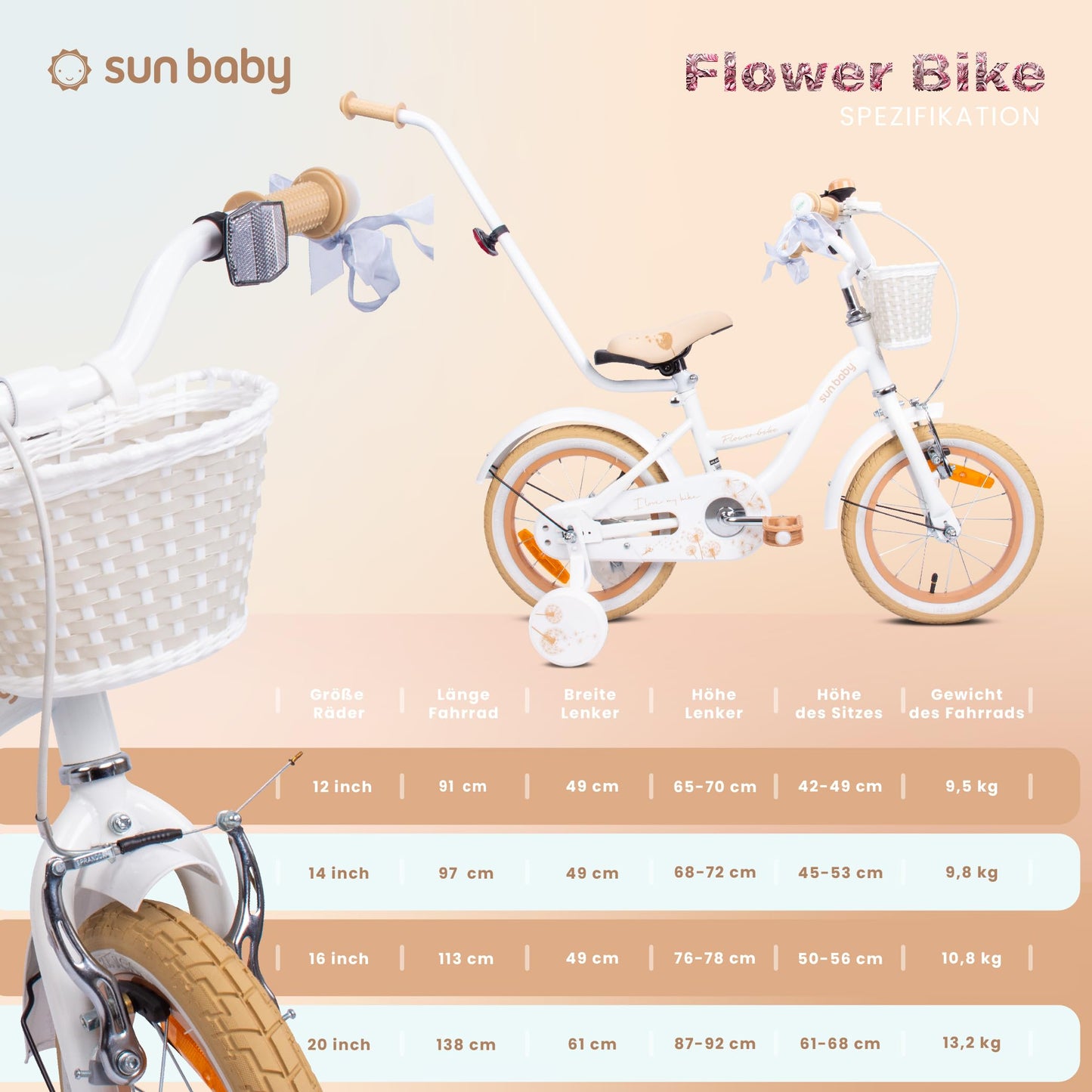 sun baby Mädchenfahrrad Flower Bike Radgröße zur Auswahl, mit Abnehmbarer Schubstange, Kinderfahrrad für Mädchen von 2 bis 6 Jahre