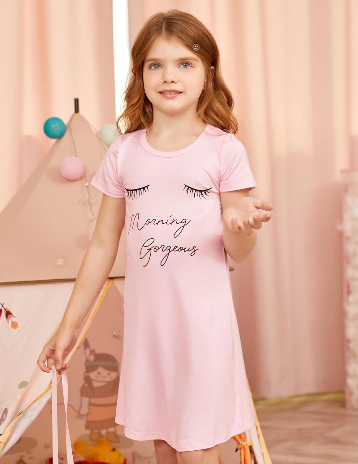 Arshiner Nachthemd Mädchen Kurzarm Pyjamas Kinder Schlafkleid Katze Einhorn Rundhals Nachtkleid 4-12 Jahre